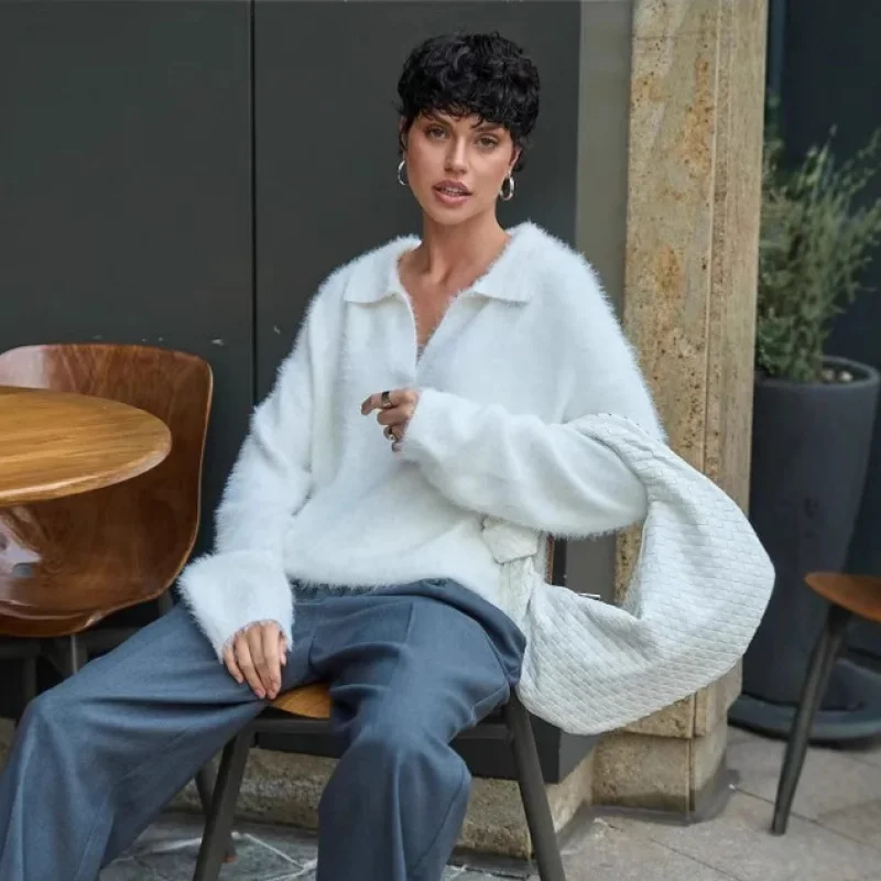 

Свитер осень-зима свитер с отложным воротником свободный плюс размер вязаный пуловер из искусственной норки женский