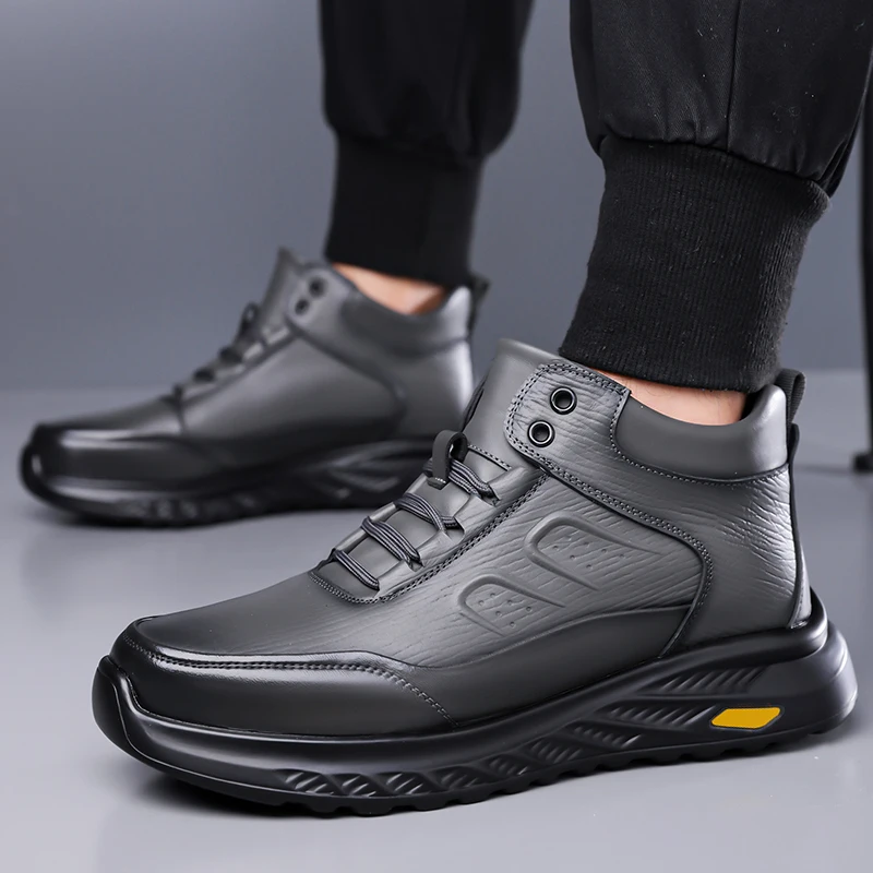

Winter Men's Casual Cotton Shoes High-top Outdoor Heavy Warm Heat-locking Cotton Leather Shoes Lace Up Warm Plush Ankle Boots