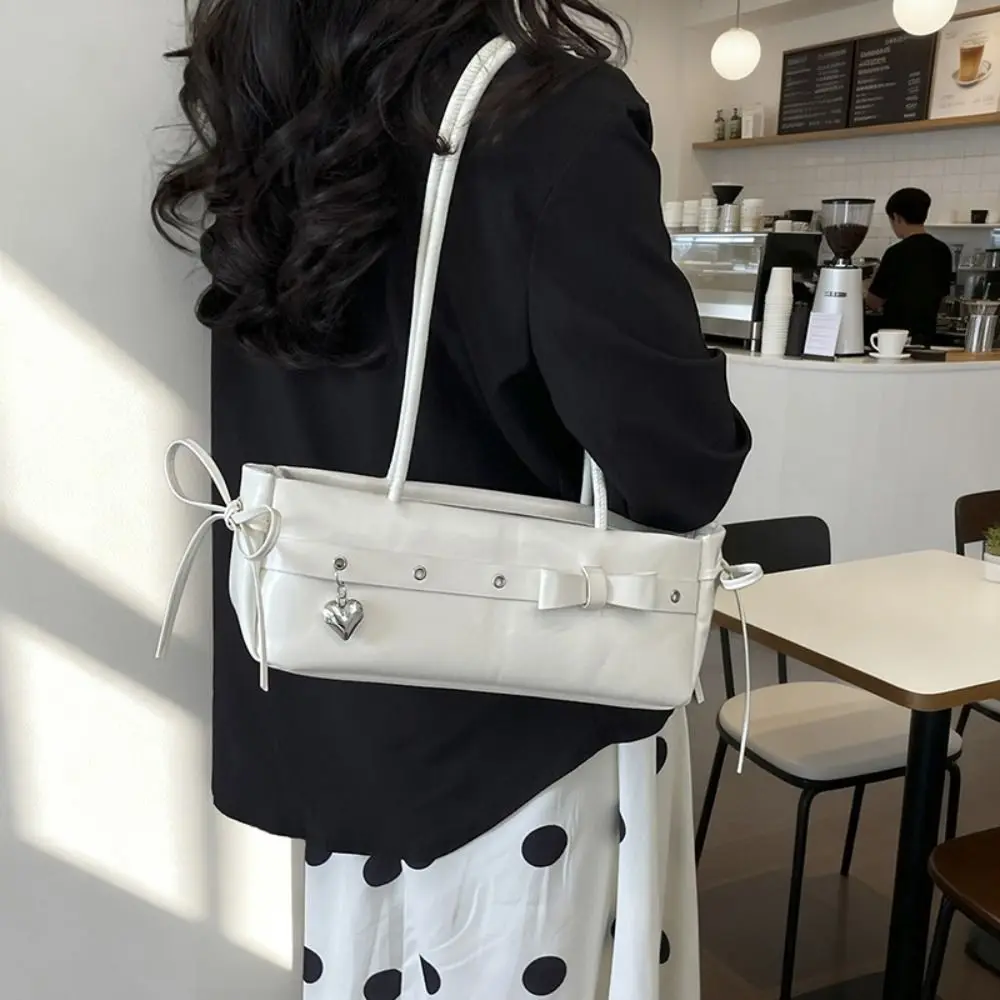 Portable Sweet French Stick Handbag Bow Ribbon Y2K Bow Shoulder Bag PU French Underarm Bag Girls