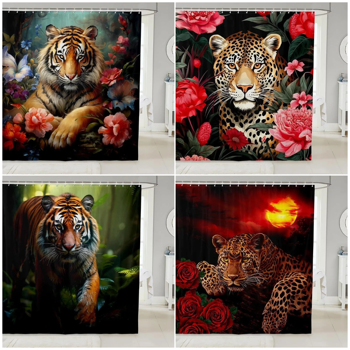 Wildlife Tiger Leopard Shower Curtain Red Rose Pink Floral Jungle Wild Animals Bath Curtains Polyester Home Bathroom Decor Set