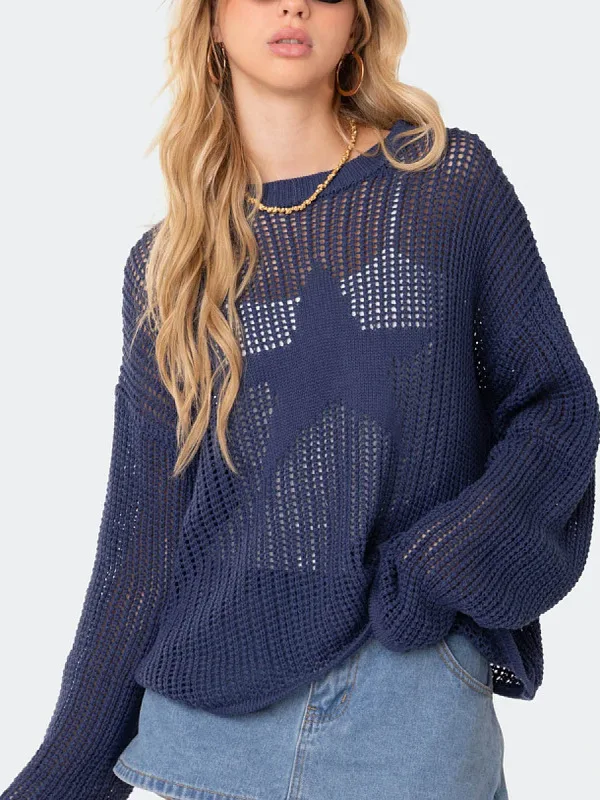 

Long Sve ажурный круглый свитер Ne Street Sle свободного покроя вязаный летний свитер из полиэстера для женщин 30-34 лет