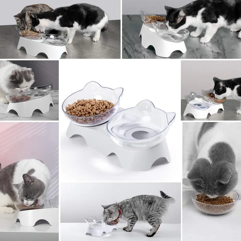 Cat Food Bowls Non-Slip Double Cat Bowl Dog Bowl with Stand Elevated Tilted Anti Vomiting Orthopedic Kitty Bowls Pet Products