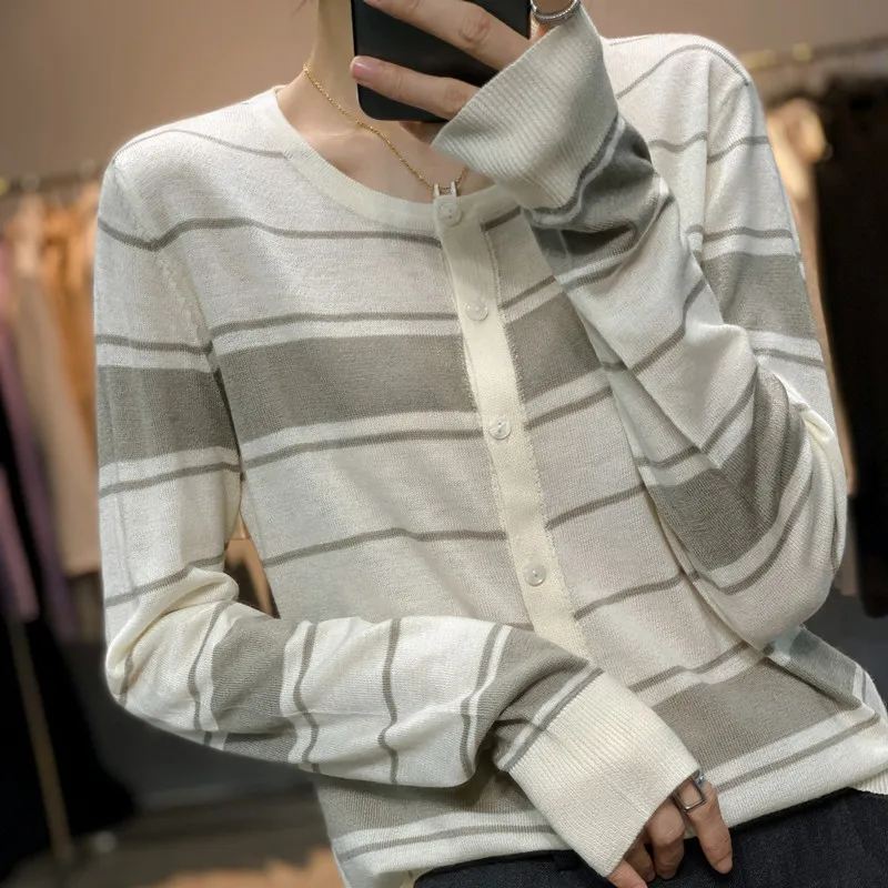 2024 New Women cashmere Stripe Cardigans Spring and Autumn  Cashmere Knitted O-Neck Thin cashmere cardigan Female