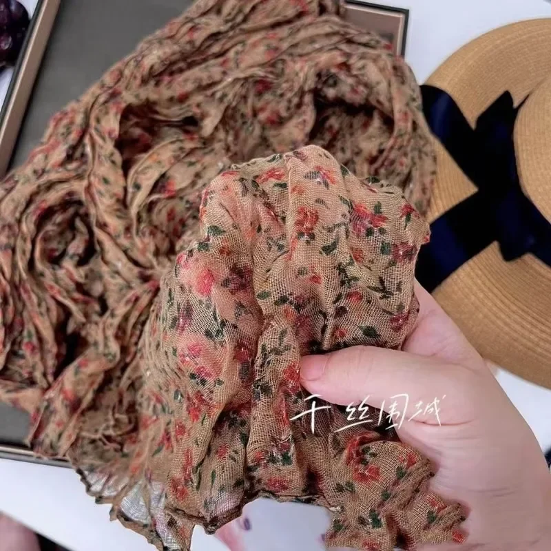 Floral Retro Korean Version Imitation Cotton and Linen Scarf New Sunscreen Scarf Pleated Thin Floral Printed Shawl Outer Cover