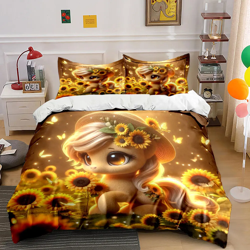 

Cute pony in sunflower field Duvet Cover Set with 3D Printing Design Soft Polyester Bedding Set All-Season Comfort for gifts
