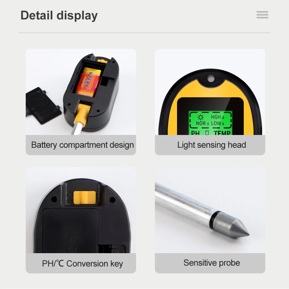 Medidor de PH 5 en 1 para la humedad del suelo, medidor de acidez en maceta, Sensor de humedad del suelo, Kit de prueba de luz solar para plantas