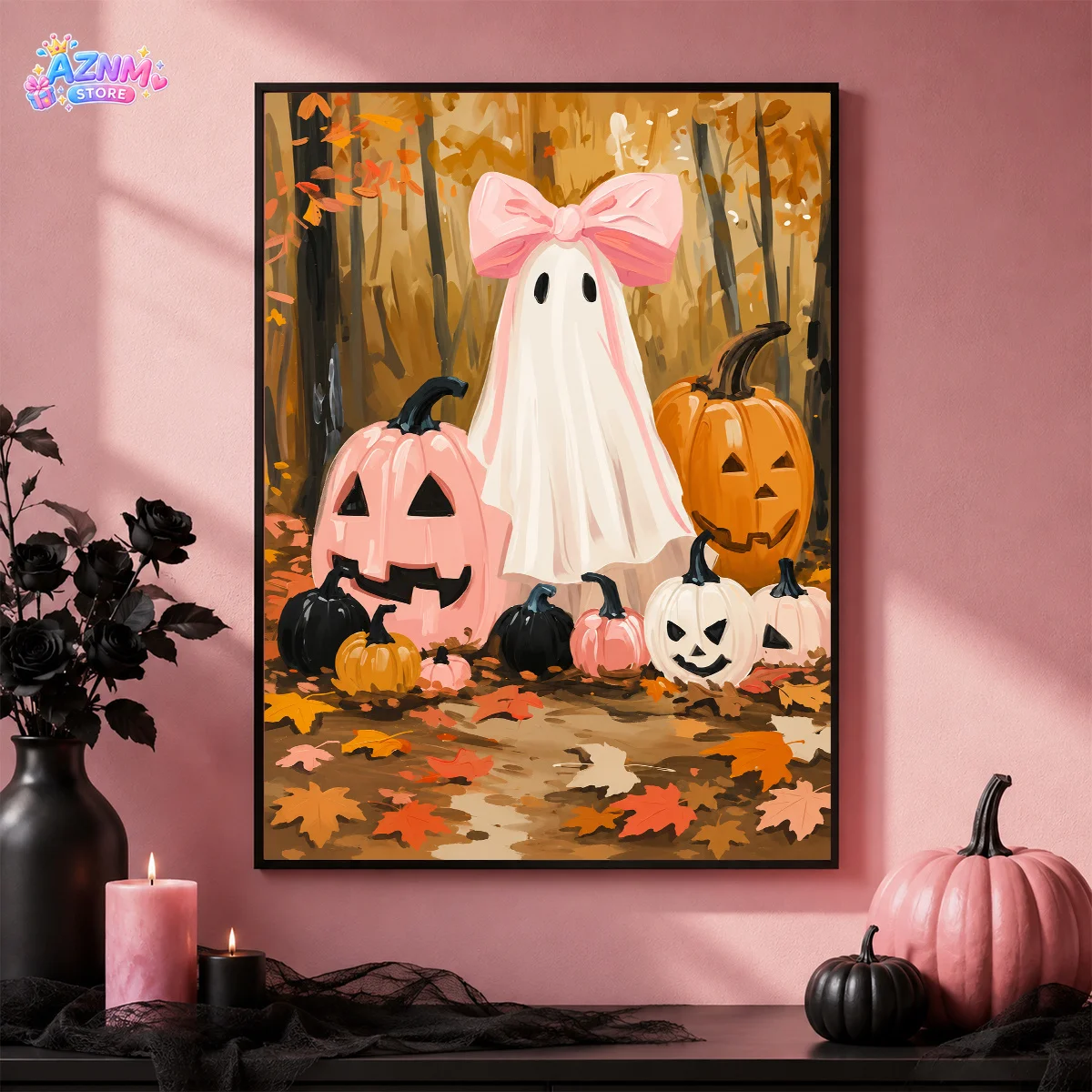 2D Flat, 1pc Frameless Modern Pink Bow & Multicolor Grinning Pumpkin Poster - Suitable for Halloween Wall Decor, Bow Accent A