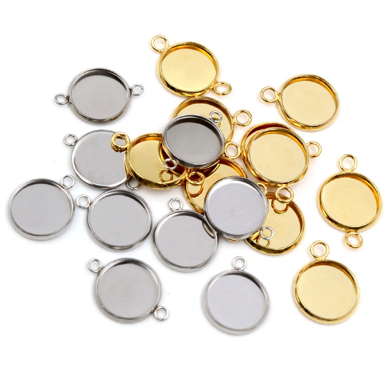 New 20pcs 12mm Inner Size Stainless Steel Gold Plated Single/Double Loop Style Cabochon Base Cameo Setting Charms Pendant Tray