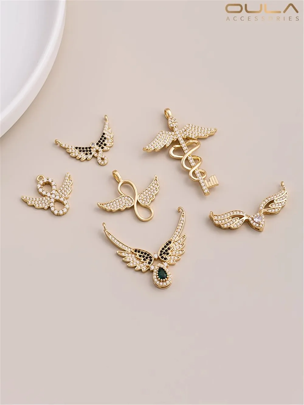 

14K Gold-Color Plated Inset Zircon Angel Wings 8 Words Love Infinite Angel Wings Pendant Double Hanging Necklace Pendant