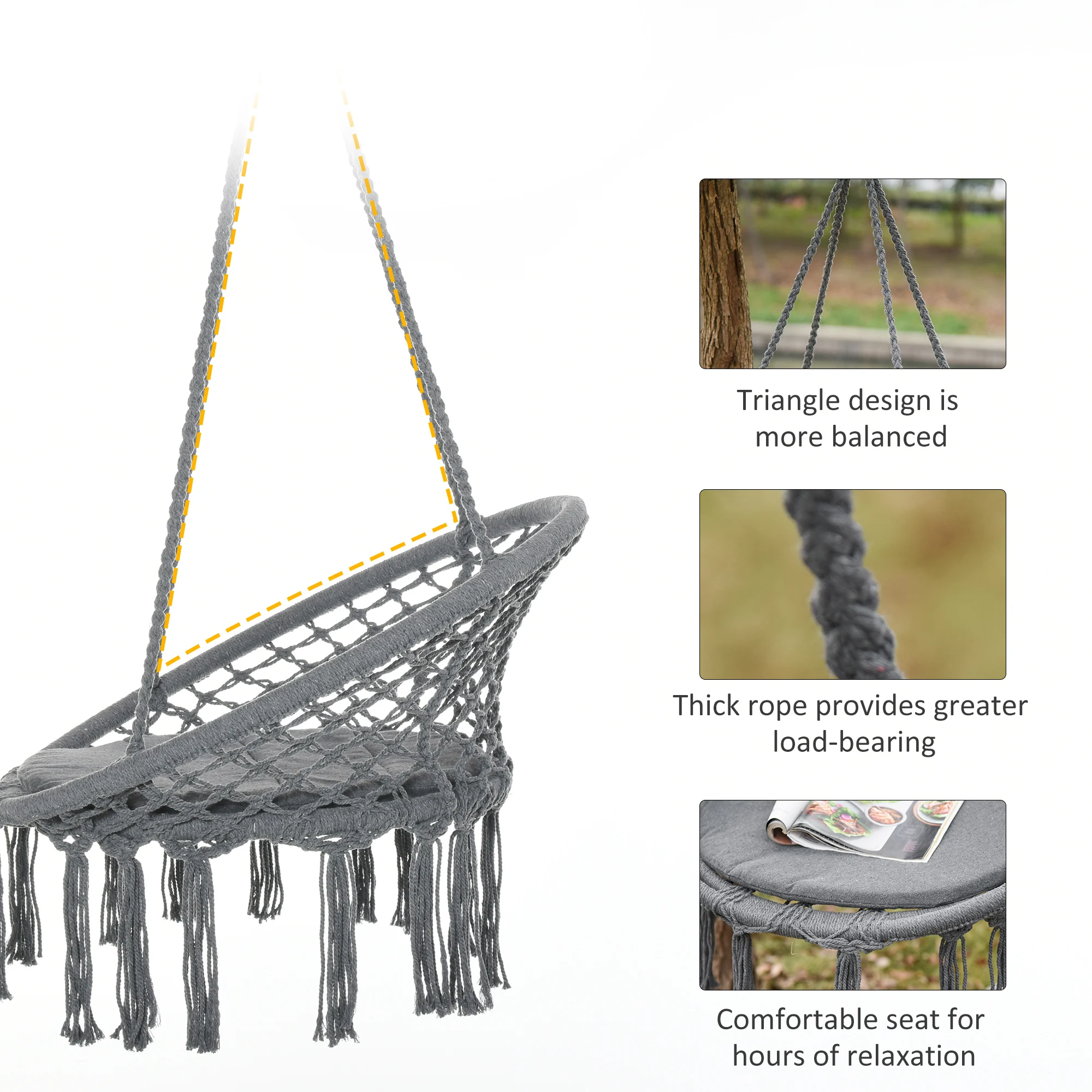 Outsunny Macrame Hanging Chair Swing Hammock for Indoor & Outdoor Use Grey