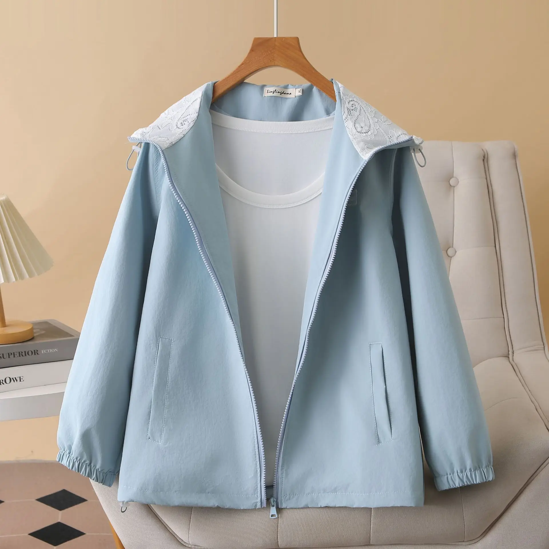 XXXXL Mode Plus Größe Damen Jacke Neue Herbst Spitze Patchwork Mit Kapuze Casual Mäntel 932