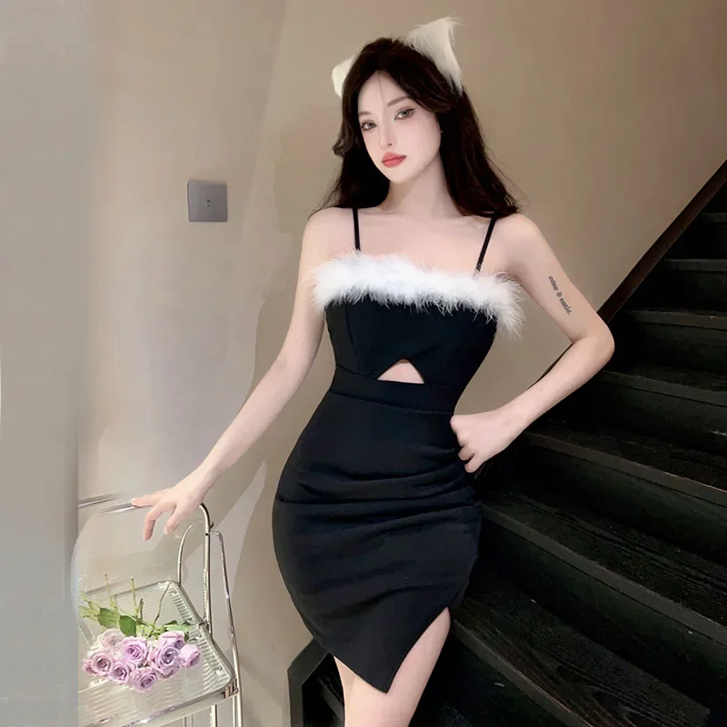 2024 New Sexy Fluffy Sleeveless Hollow Split Bodycon Mini Dress Party Club Sexi Night Dress Hot