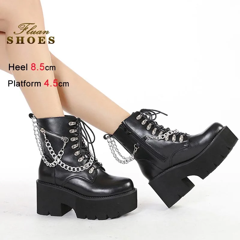 

Fashion Black 8.5cm High Heeled Women Ankle Boots Coarse Heel Platform Shoes Middle BootsMetallic Chain Side Zipper Short Boots