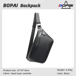 BOPAI Men's Genuine Leather Chest bag Large Capacity Crossbody Bag Travel Portable Messenger Bag Black Single Shoulder Bag