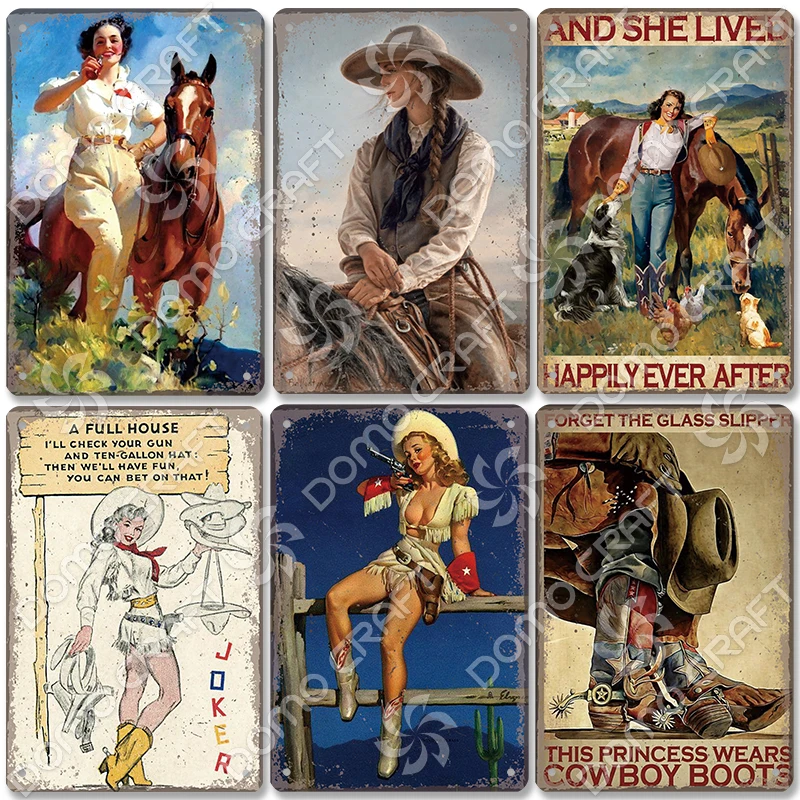 Cowgirl Tin Sign Metal Plaque Cowboy Boots Pony Metal Poster Vintage Wall Decor for Horse Riding Club Garden Home