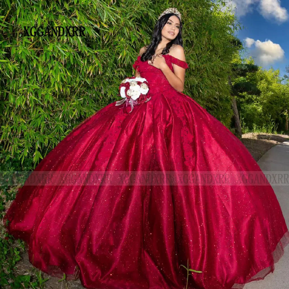 Bourgogne XV Quinceanera Robe 2025 Rouge Robe De 15 Años Quinceañeras Sparkly Sweetheart Dentelle Applique Doux 16 Robe Princesse