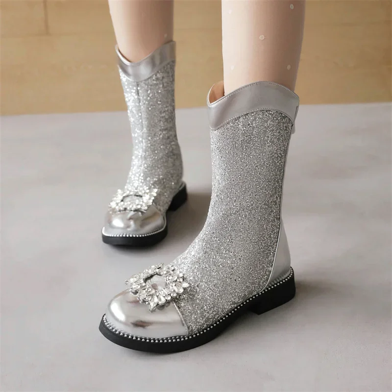 Sliver Gold Fashion Crystal Flower Lolita Style Bling Sequins Child Ankle Boots Low Heels Party Wedding Girl Shoes 2024