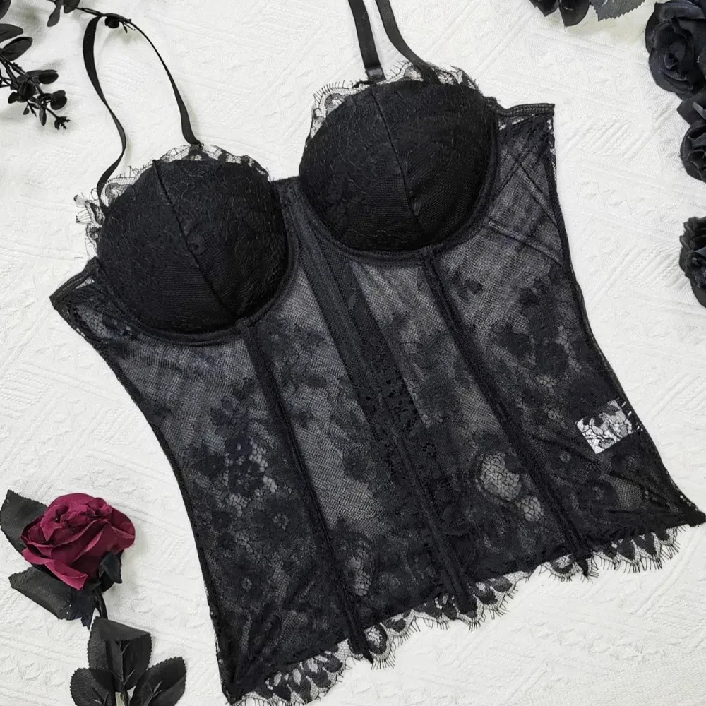 

Fashion Fish Bone Wrapped Lace Camisole Hollow Transparent Lace Corset Streetwear Tanks Crop Tops Party