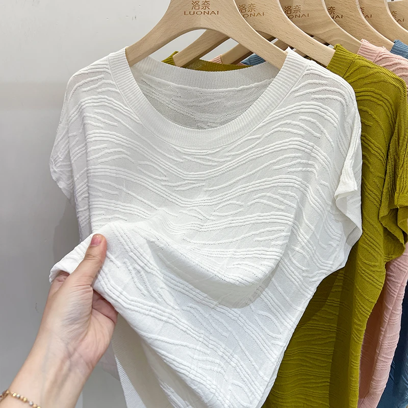 حجم كبير المرأة فضفاضة التخسيس الجولة Ne الجليد الحرير ort Sve تي شيرت صيف جديد Sle Batwing Sve العصرية #4