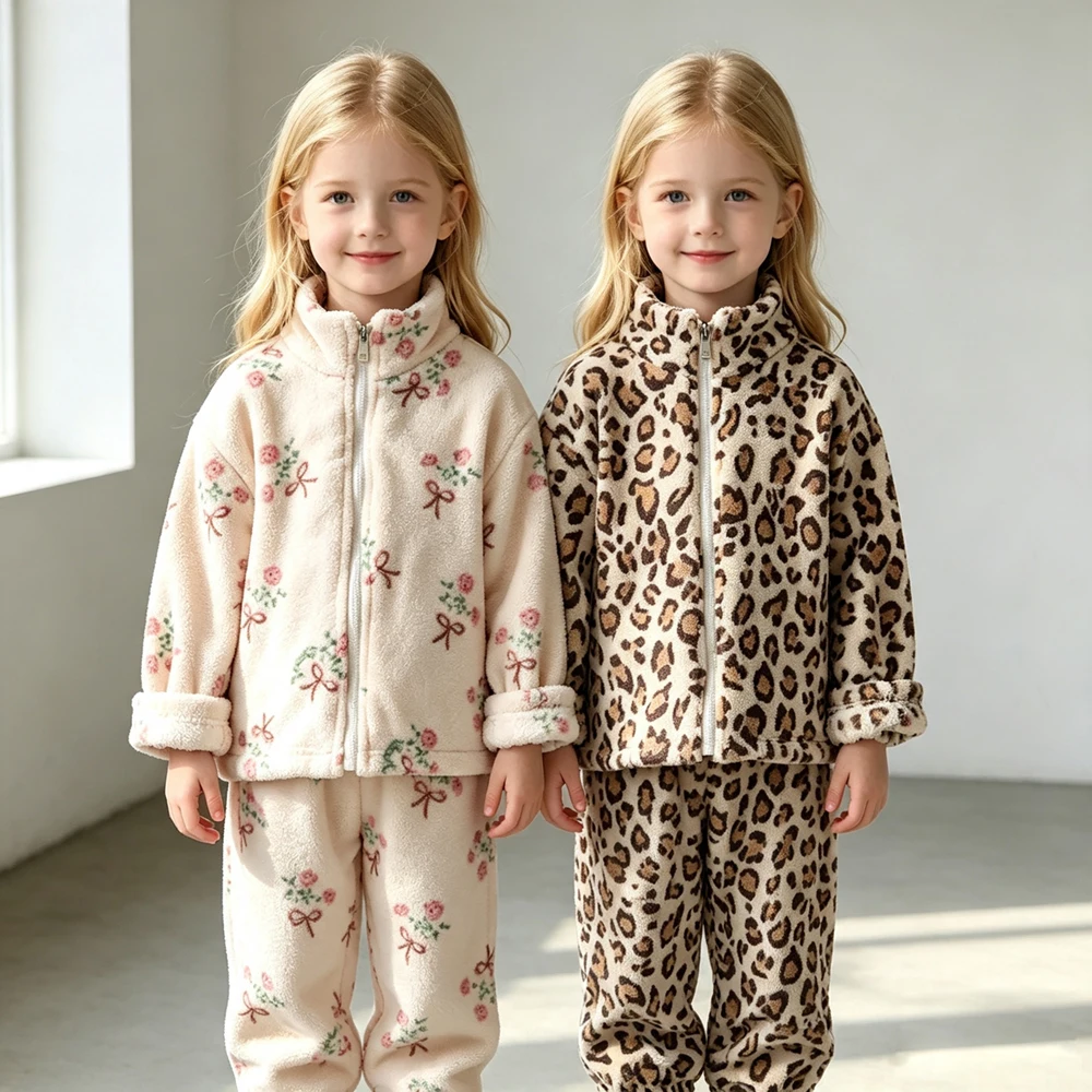 Children Flannel Pajamas Sets Autumn Winter Baby Boy Girl Floral Leopard Print Zipper Coat+Pants 2PCS Kids Thick Warm Loungewear