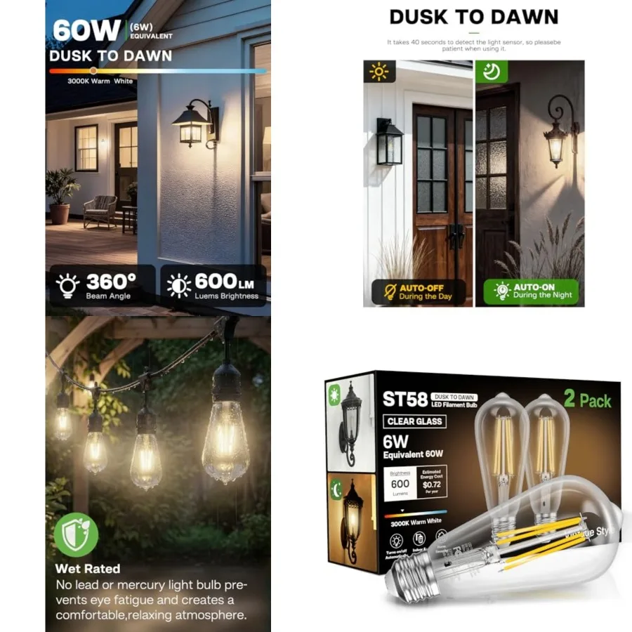 

Dusk to Dawn Light Bulbs, 6W Equivalent 60W, 3000K, E26 Base, Light Sensing, ST58 Vintage Style, 600LM, Outdoor Edison Bulbs, A
