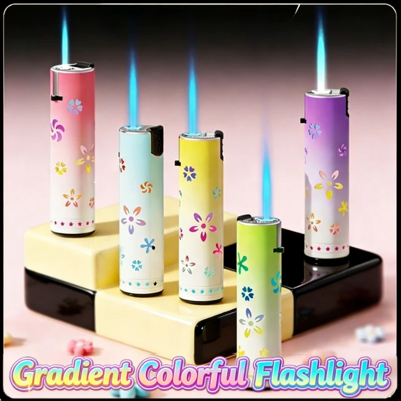 

Trending Candy Color Lighter with LED Flash Light Windproof Straight Jet Blue Flame Metal Refillable Cool Creative Lighter