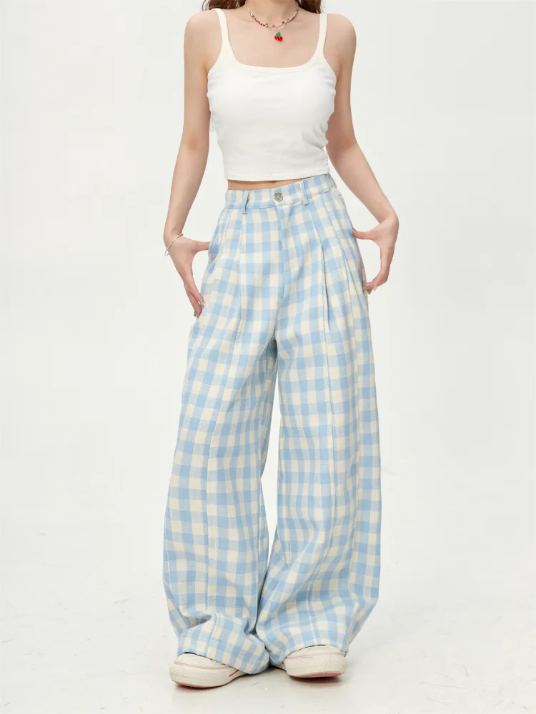 Trousers women's loose casual plaid pants spring and autumn thin thickened blue high waist wide legs straight versatile fashion