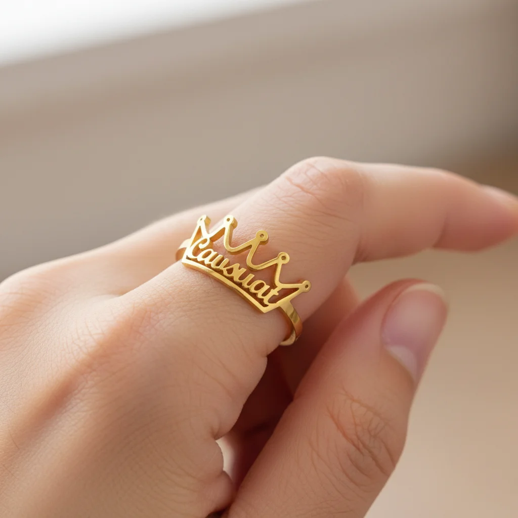 

Personalized Crown Name Ring Stainless Steel 18K Gold Plated Open Ring for Women Trend Adjustable Finger Fashion Jewelry Gift