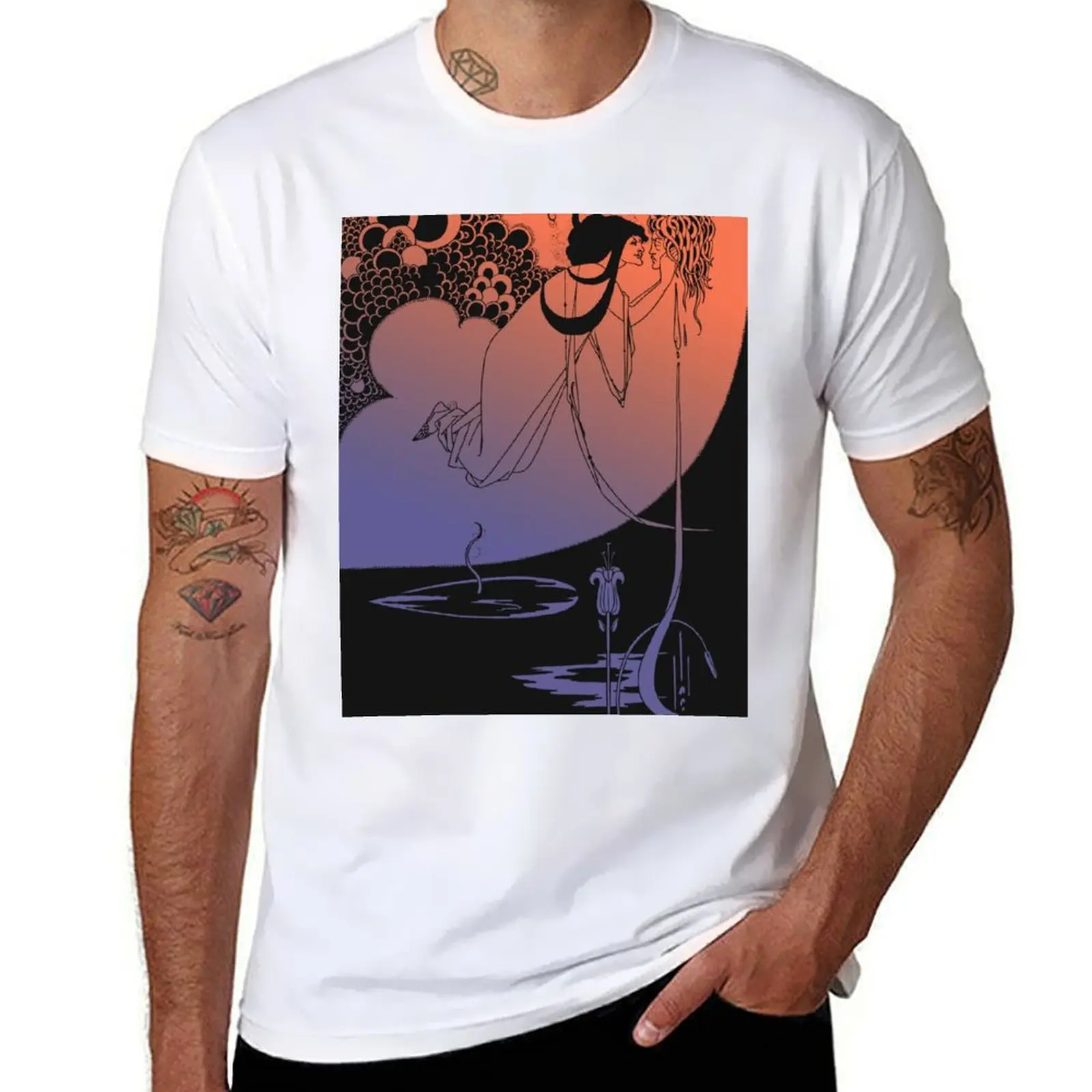 

Tinted Aubrey Beardsley The Climax 1893 Orange Blue T-Shirt cotton tshirt 100% t shirts for man cotton T-Shirt