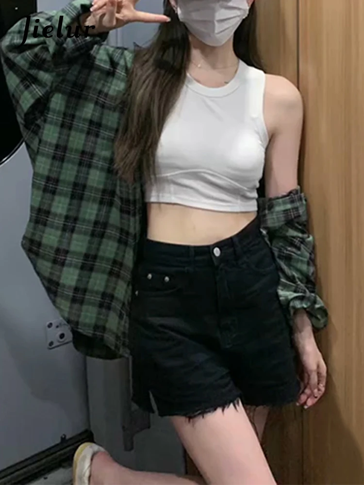 Jielur Spring New Contrast Color Slim Women Shirt Casual Loose Fashion Woman Shirt Green Basic Chicly Long-sleeved Top Female