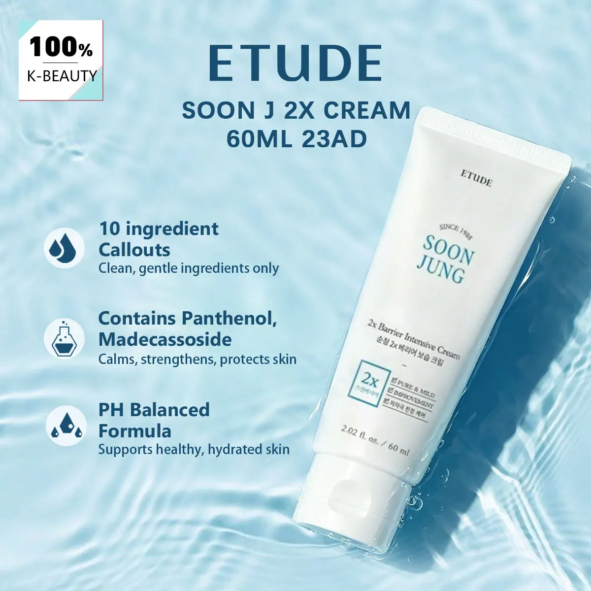 ETUDE Soon J 2x Cream 60ml, Soft Cream Texture, Fresh Skin Touch, Korean Cosmetics, Korean Skincare