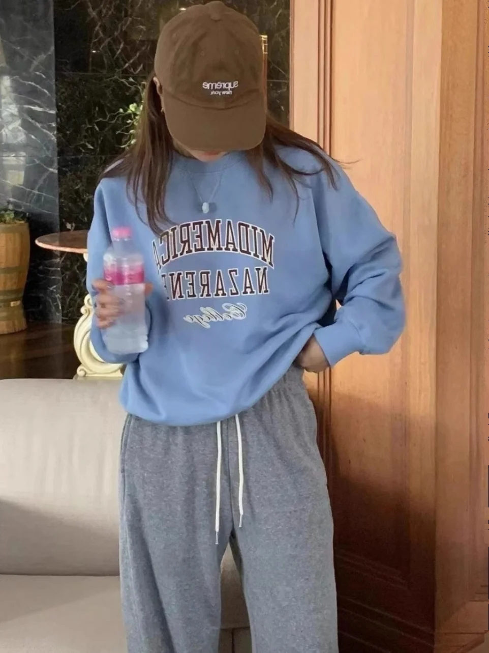 

Korean Sle Loose Fit Long Sve round Ne Letter Print Sweatirt Women's Faion Spring New Design Casual Comfortable Top