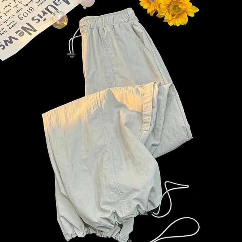 Women's New Loose Drawstring Parachute Pants Harajuku Big Pockets Cargo Pants Summer 2025 Fashion High Waist Wide-Leg Trousers