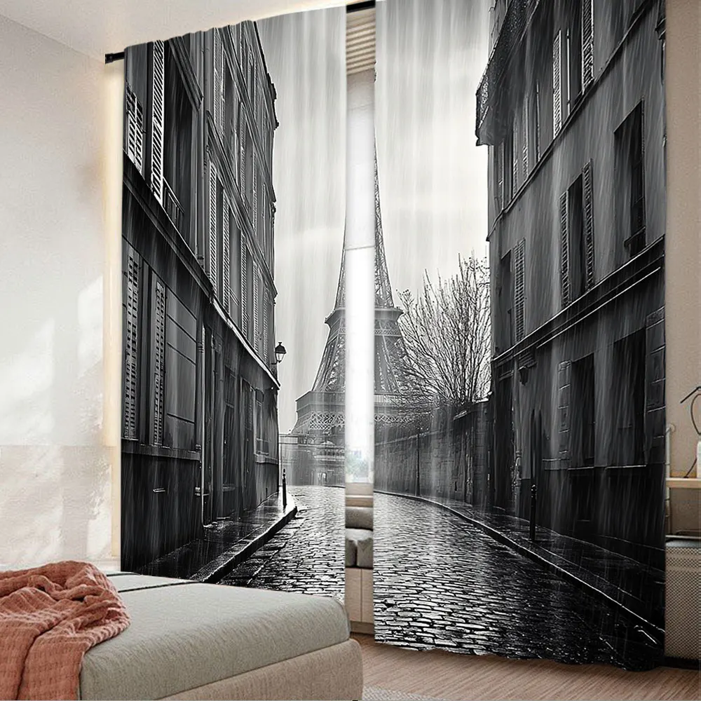 2Pcs French Eiffel Tower Curtain Paris Street Rainy Day Decorative Design For Bedroom Living Room And Dining Room B