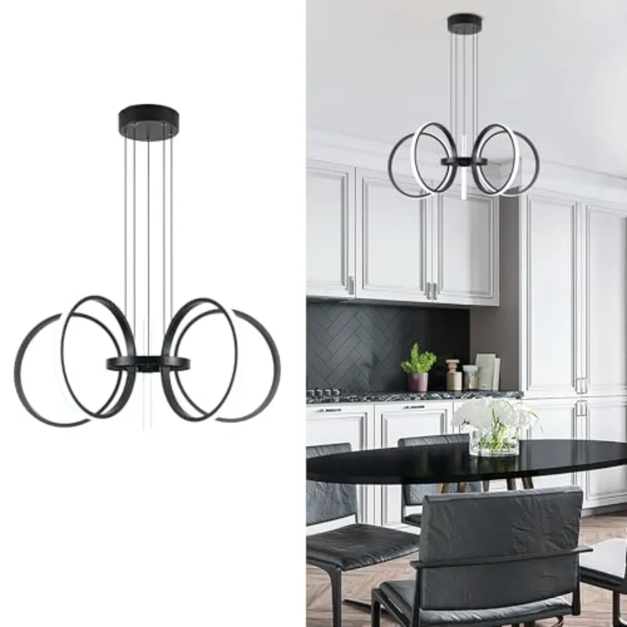 

Modern LED Chandelier Black Pendant Light with 5 Rings Adjustable Height Modern Chandeliers for Dining Room Living Room Kitchen