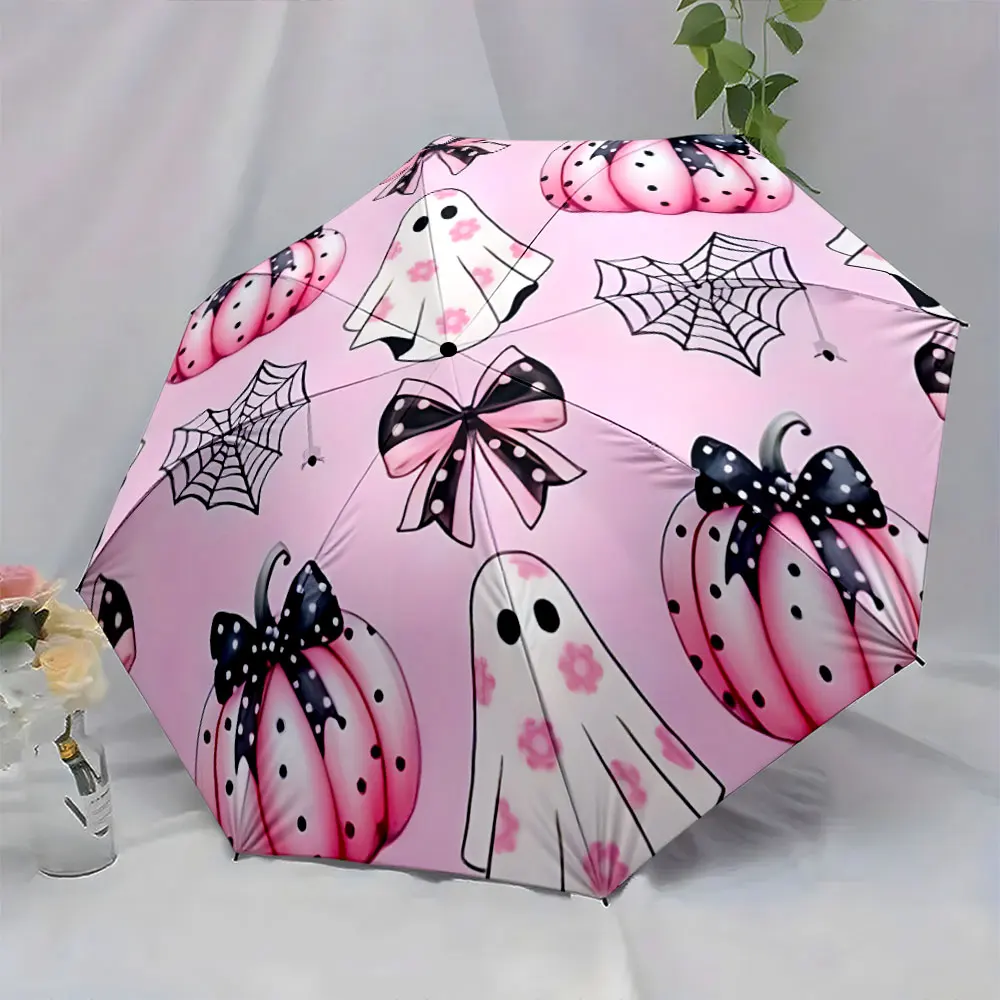 1PC Pink Halloween-Themed Umbrella with Fun Decorations Print 8 Iron Ribs Folding Umbrella Auto-Open Fashion Sunshade