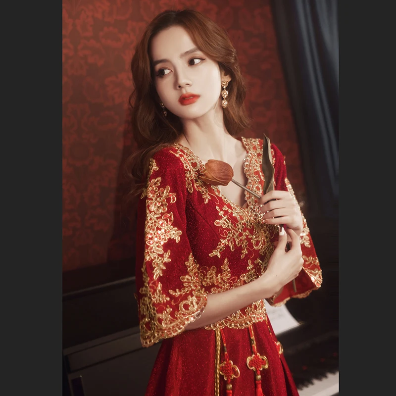 

Chinese Sle Wedding Dr Red V-Ne Long Sve Women's Ceremony Clothes Full Body Coverage Ele Faion for Wedding