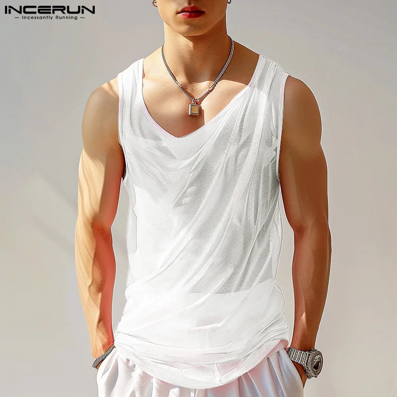 INCERUN Men Tank Tops Mesh Transparent Solid Pleated V Neck Sleeveless Male Vests Streetwear Summer 2024 Fashion Men Clothing