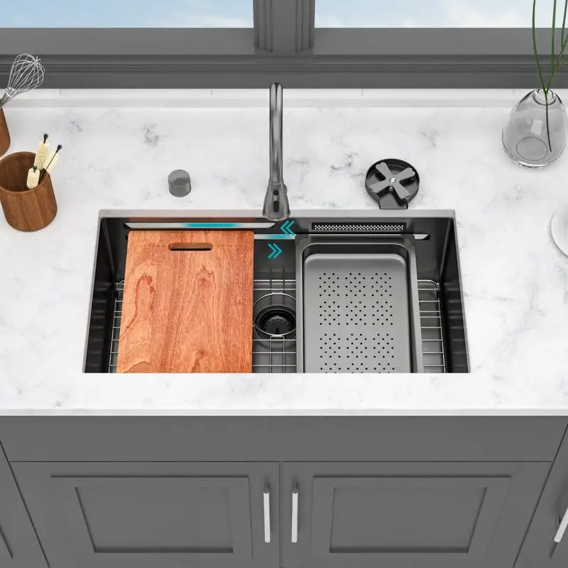 

33" Undermount Waterfall Black Kitchen Sink - 16 Gauge Single Bowl Stainless Steel Workstation with Pull-Down Faucet & Cup