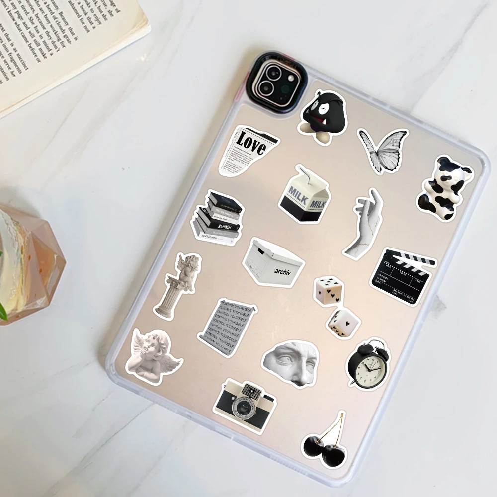50PCS Ins Style Apathy Black White Simple Decals Cute Stickers Aesthetic Phone Notebook Suitcase Laptop Fridge Wall Sticker