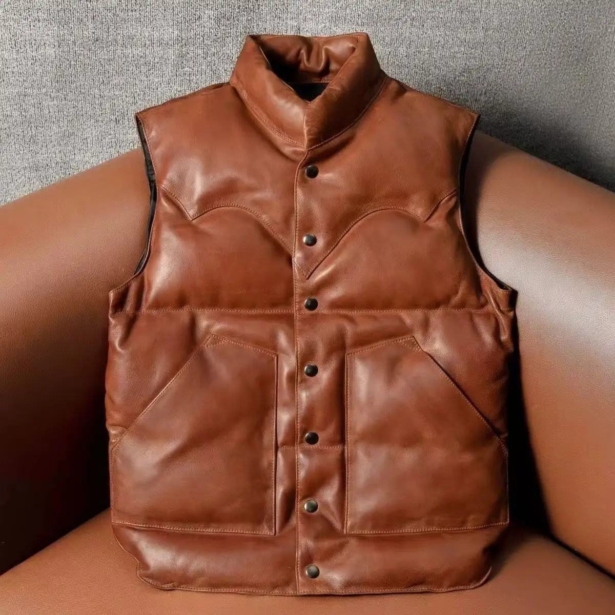 

Fall Winter Thiened Retro Casual Svel Stand Collar Leather Jaet Vest Men's Warm Cotton Coat Outerwear Faion