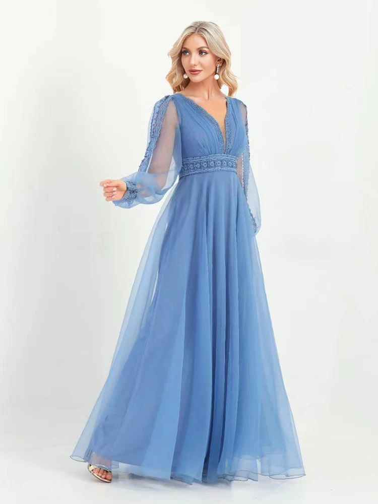 XUIBOL Elegant Tulle Blue Evening Dress Women Chiffon Long Sleeve V-Neck Maxi Floor-Length Gown 2024 Aline Bridesmaid Prom Dress