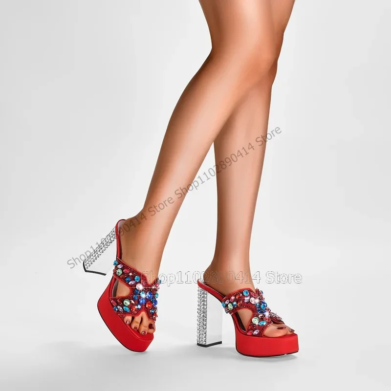 الملونة كريستال أخضر أحمر المفتوحة تو منصة النعال الانزلاق على أحذية النساء كعب عالي مكتنز موضة جديدة 2023 Zapatos Para Mujere