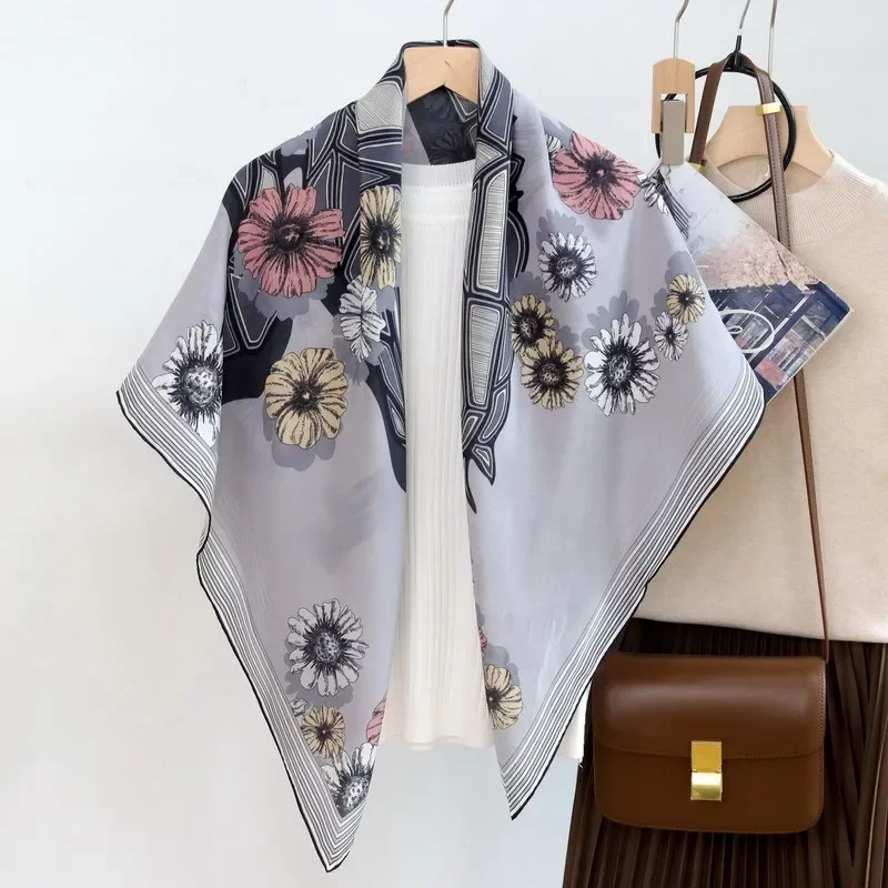 

High-end Elegant Women Exquisite Flower Horse Printed Quality Crepe De Chine Silk Hand-rolled Edge Large Square Scarf Shawl