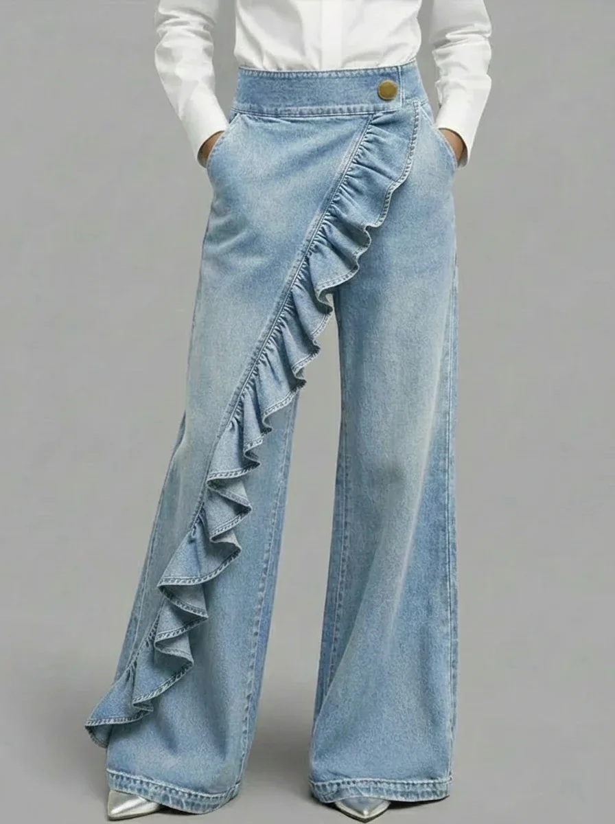Women High Waist Flared Jeans Side Ruffle Trim Wide Leg Denim Pants Fashion Loose Straight Trousers Casual Streetwear Bottoms