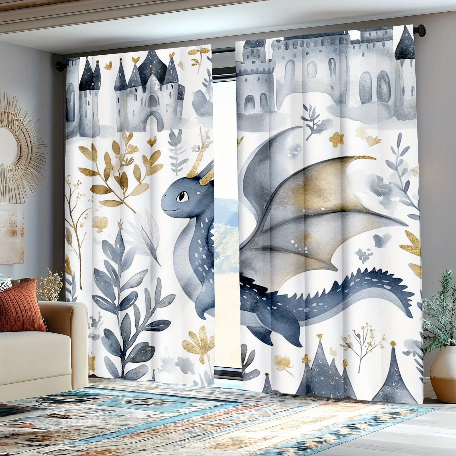 2pc Watercolor Dragon Castle Curtains, made of polyester fabric, machine washable, suitable for bedroom and living room décor.