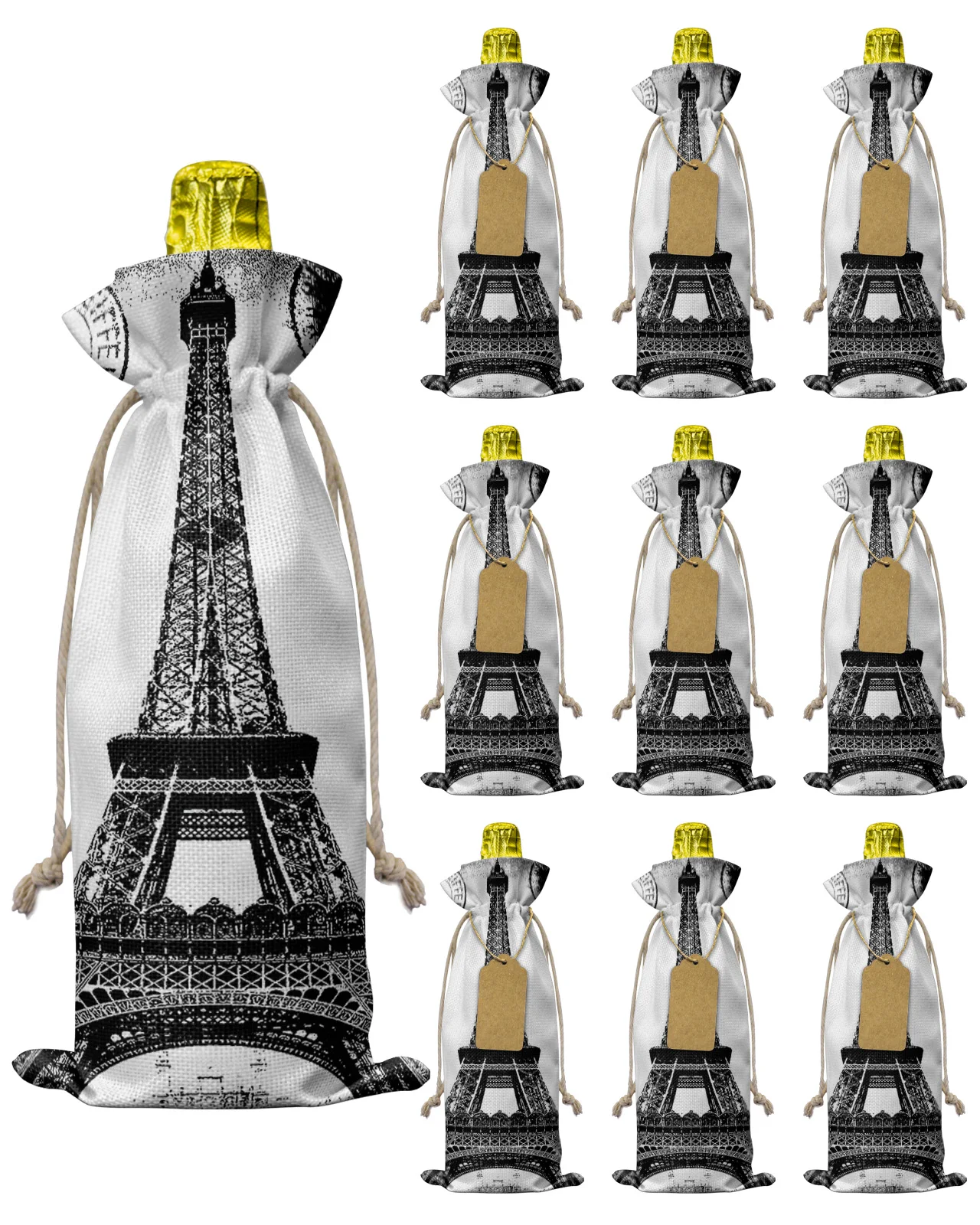 10pcs Eiffel Tower Retro Vintage Stamp Black White Wine Bottle Bag with Drawstring Festive Party Decor Wine Bottle Covers Gift