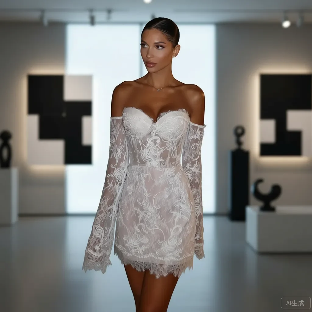 الاتجاه الساخن 2026 الدانتيل الأبيض قبالة الكتف كم طويل Bodycon فستان قصير المرأة مثير حفلة كلوبوير فستان كوكتيل من أي وقت مضى جميلة #1