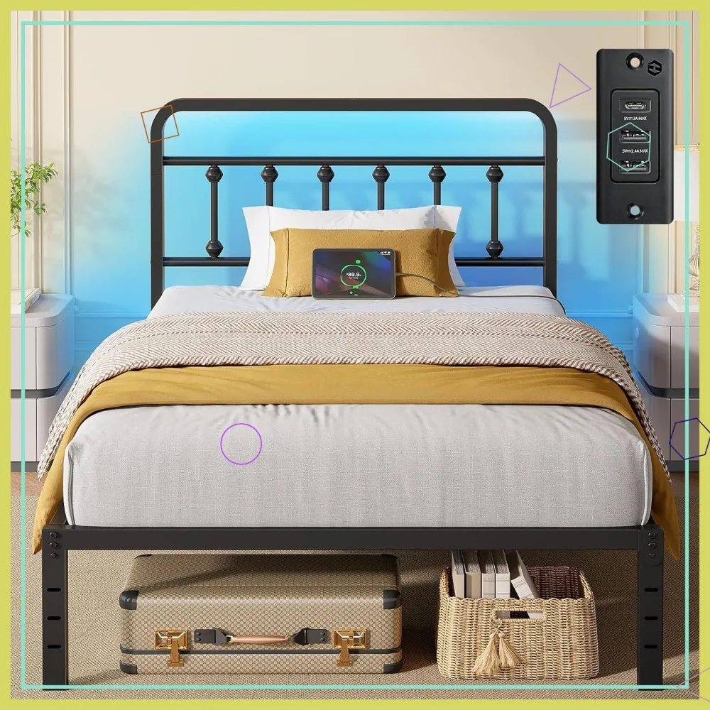 إطار سرير مزدوج معدني مقاس 14 بوصة مع لوح رأسي، ومحطة شحن، وأضواء LED، وتخزين تحت السرير، شديد التحمل، وسهل التجميع باللون الأسود