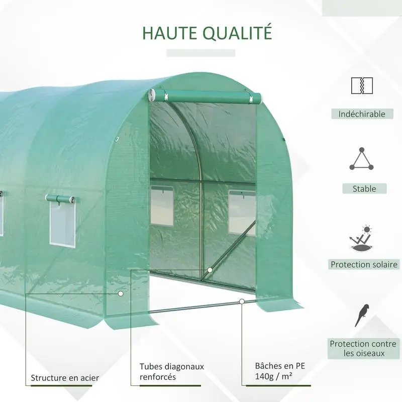 Serre tunnel de 8 m² (4 m L x 2 m L x 1,9 m H) en acier galvanisé renforcé, fenêtres de 2,4 cm de diamètre et film PE haute densité, porte verte